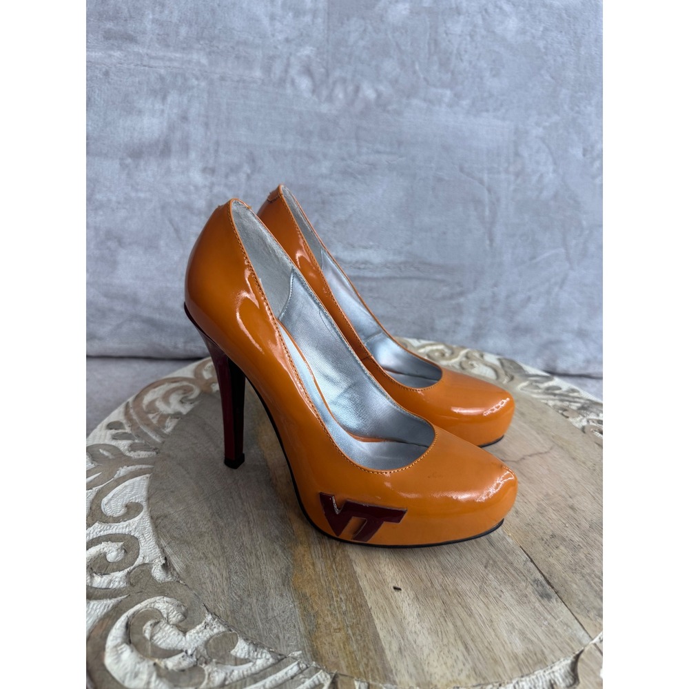 Fanfeet Virginia Tech Hokies‎ Orange Maroon Patent Platform Pumps VT Logo Heels